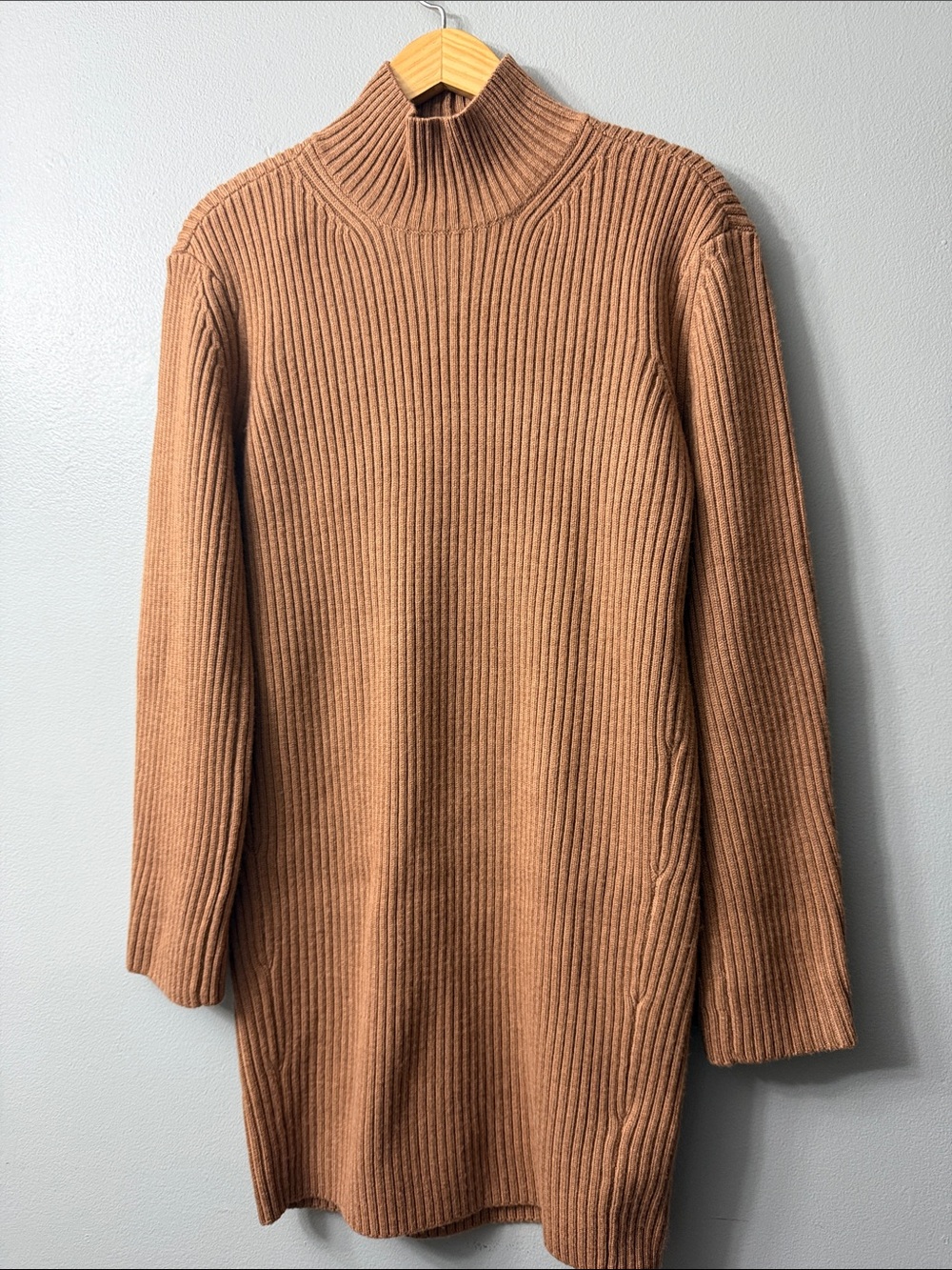 JNBY Women's ribbed Wool mockneck Turtleneck Sweater dress in Camel Brown small